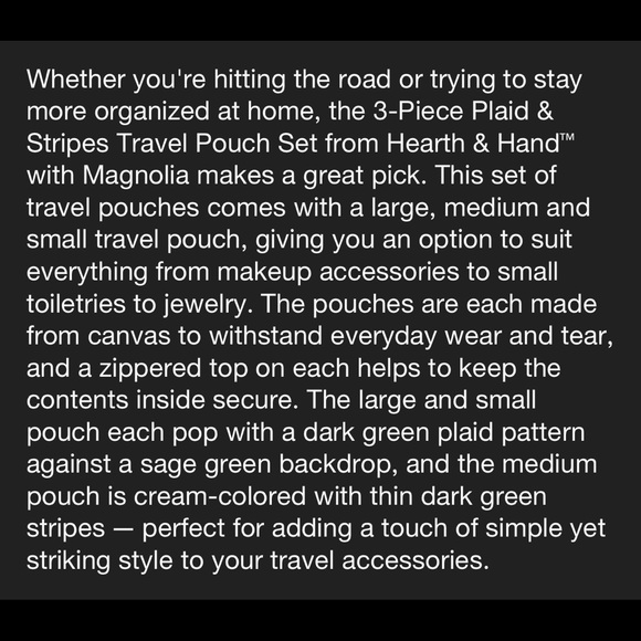 Hearth & Hand with Magnolia 3 piece travel pouch set+Green stripes green plaid. - Picture 6 of 7